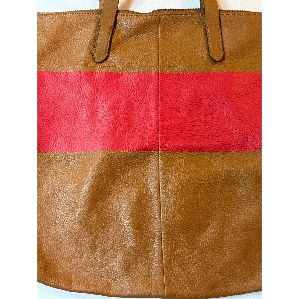 GAP Leather Tote Bag Brown‎ Red Colorblock Zip Top Shoulder Purse Large Carryall - Picture 2 of 10